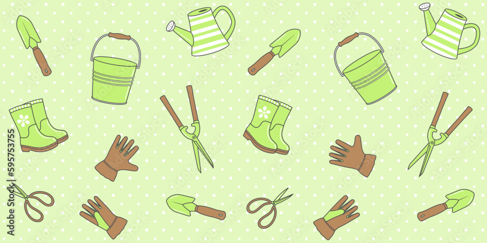 Brown and green garden tools on a light green polka dot background. Spring endless texture with home farming equipment. Vector seamless pattern for garden shop, wrapping paper, surface texture, print