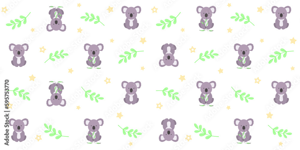 Cute koala, green twigs and small stars on a white background. Endless texture with adorable Australian animal. Vector seamless pattern for wrapping paper, giftwrap, surface texture and nursery room