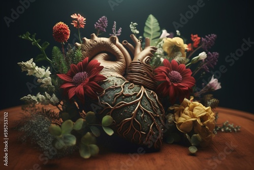 Heart and flowers in a 3D arrangement. Generative AI