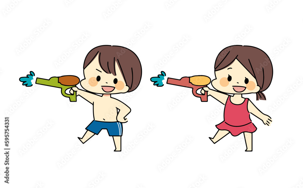 水鉄砲で遊ぶ水着姿の男の子と女の子のイラスト
