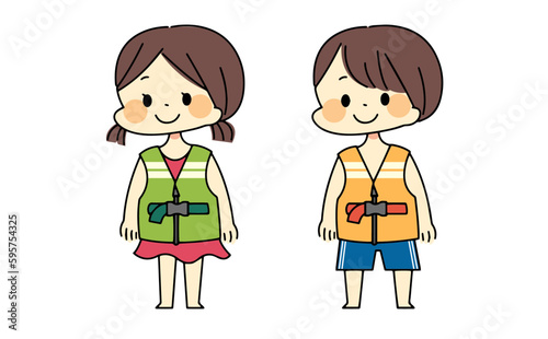 ライフジャケットを着用した男の子と女の子のイラスト