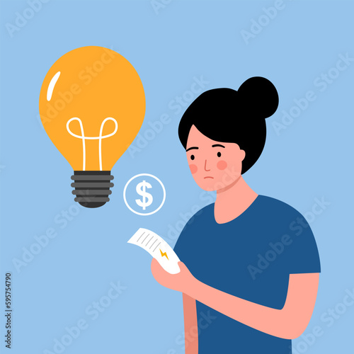 Woman worrying about expensive electric cost. Energy payment.