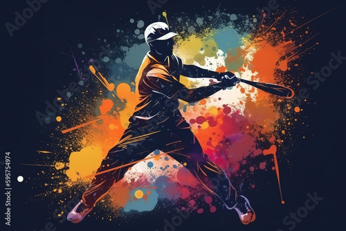 Baseball game abstract colorful illustration. Silhouette of professional athlete with bat playing baseball. Generative AI