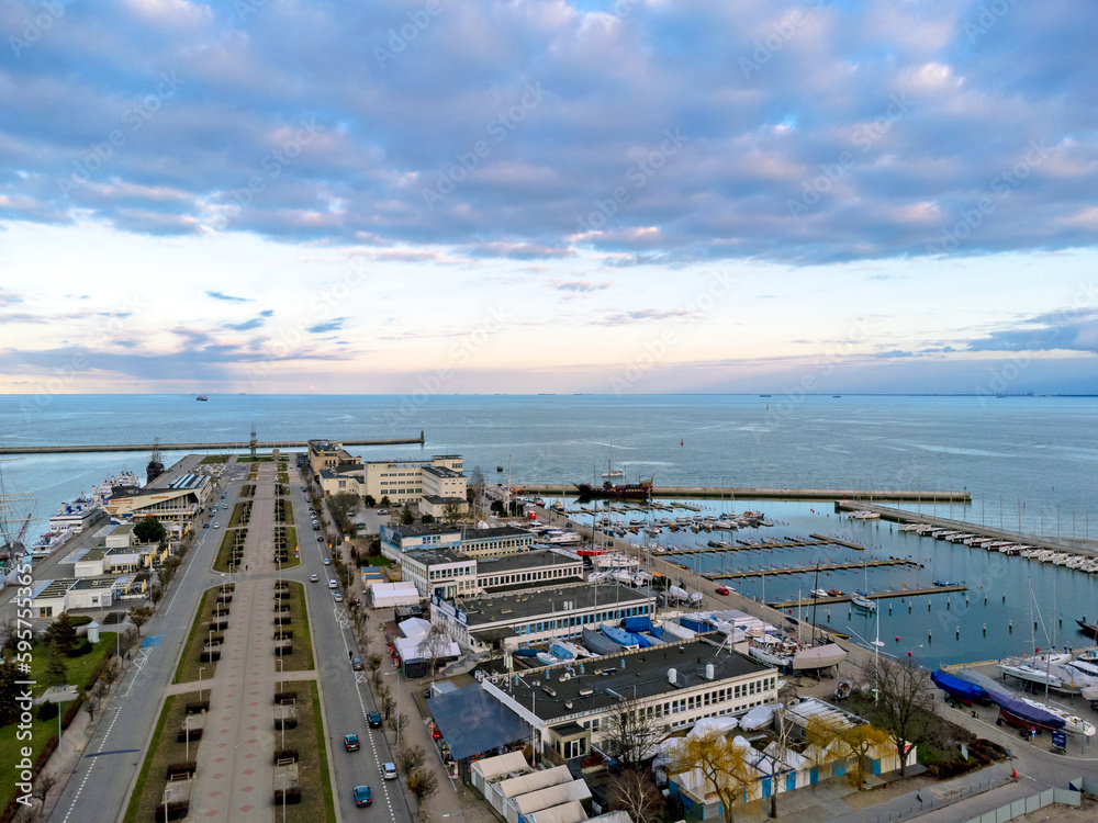 Aerial view landscape Poland Gdynia. The square and the harbor. View of the Baltic sea.