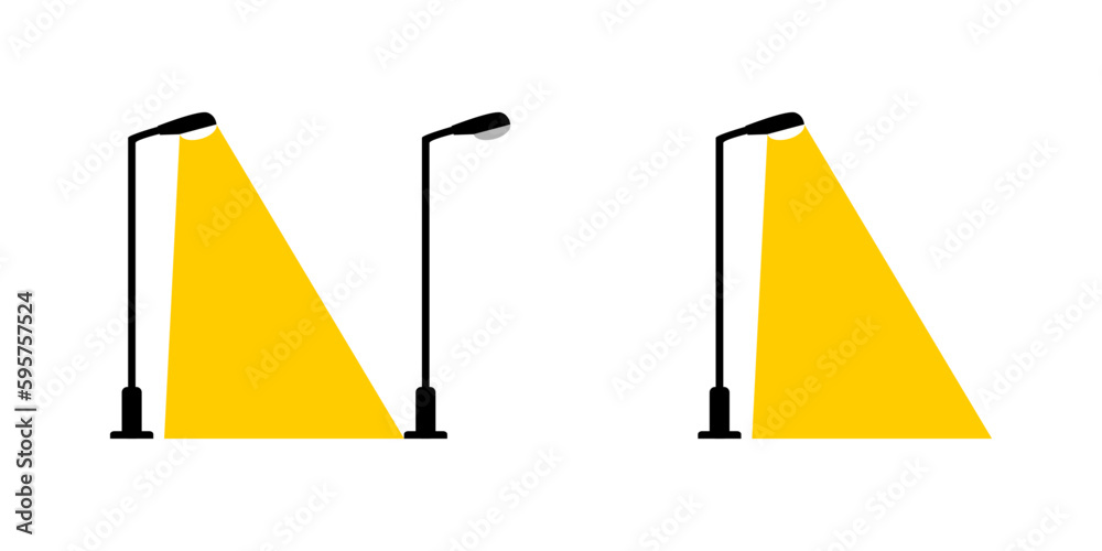 Black electric streetlight lamp pole illumination yellow light and broken streetlight at night flat icon vector design. - obrazy, fototapety, plakaty 