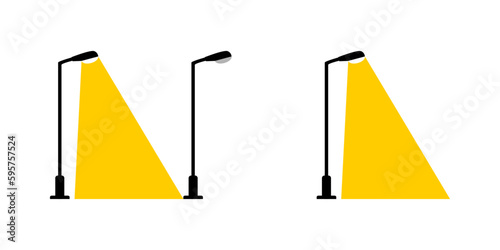 Black electric streetlight lamp pole illumination yellow light and broken streetlight at night flat icon vector design. © Jedsada Naeprai