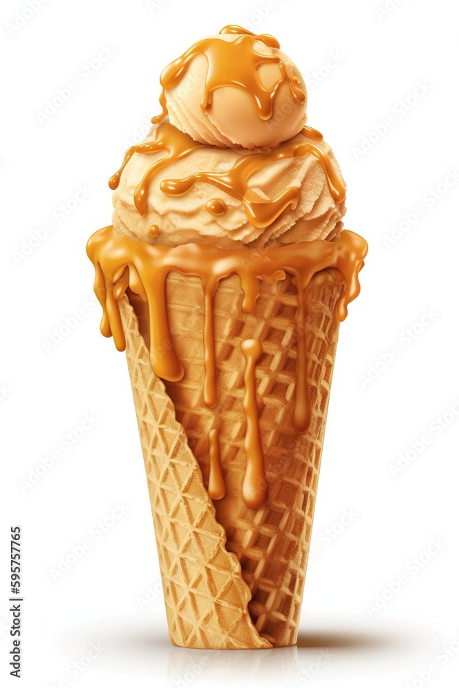 A Cone of Richness: Butterscotch Ice Cream Cone, Isolated on White Background - Generative AI A Cone of Richness: Butterscotch Ice Cream Cone, Isolated on White Background - Generative AI