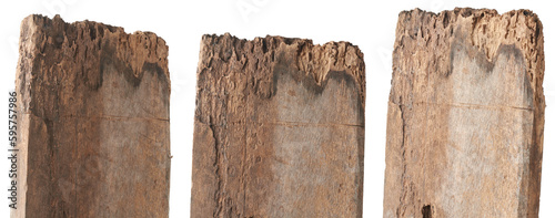 set of rotten old wood planks, naturally deteriorated due to exposure to moisture or decayed weathered and termites timber signpost boards, cut out isolated