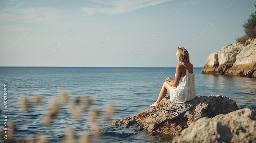 rear view of a young woman sitting on the beach and looking at the sea. Generative AI rear view of a young woman sitting on the beach and looking at the sea. Generative AI