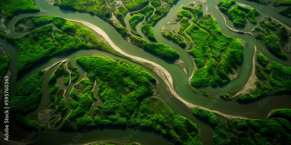aerial view of a river delta with lush green vegetation and winding waterways  Generative AI - obrazy, fototapety, plakaty 