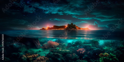 Valokuvatapetti surreal seascape with bioluminescent creatures and a moonlit sky Generative AI
