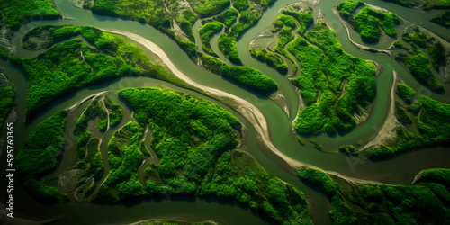 aerial view of a river delta with lush green vegetation and winding waterways  Generative AI photo