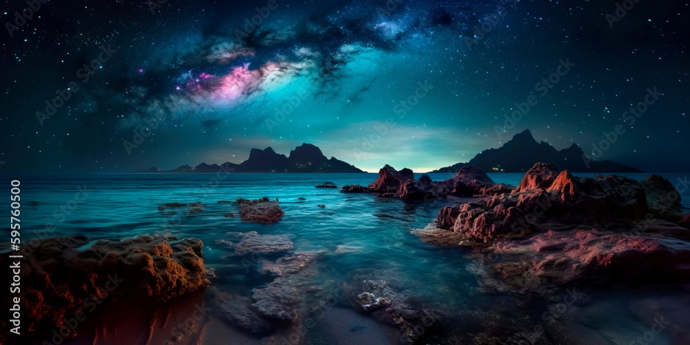 surreal seascape with bioluminescent creatures and a moonlit sky Generative AI