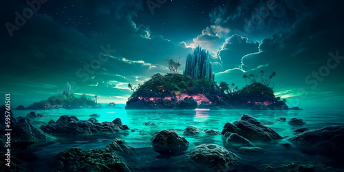 surreal seascape with bioluminescent creatures and a moonlit sky Generative AI