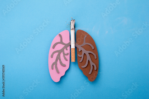 Lung and Cigarette made of paper cut on blue background. world no tobacco day concept. photo