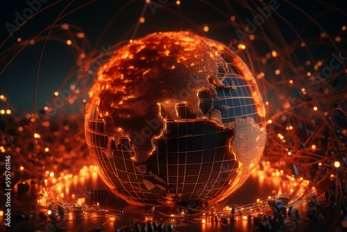 A technologically advanced network connecting the world with an orange background. 3D-rendered. Generative AI