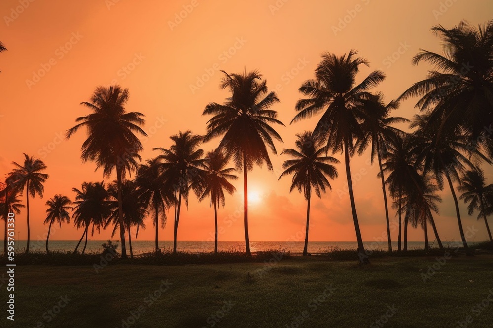 Coconut trees and beach soothe orange summer sunsets. Generative AI