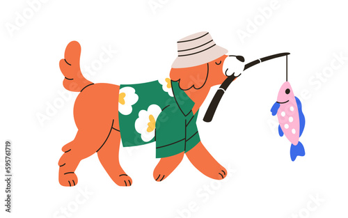 Cute dog walking, carrying with fishing rod, angler. Funny doggy in panama, summer clothes, puppy, canine fisher with fish. Childish kids flat graphic vector illustration isolated on white background