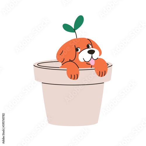 Cute newborn puppy. Funny small dog peeking out from plant pot. Little amusing tiny pup in planter. Happy joyful excited baby doggy canine animal. Flat vector illustration isolated on white background