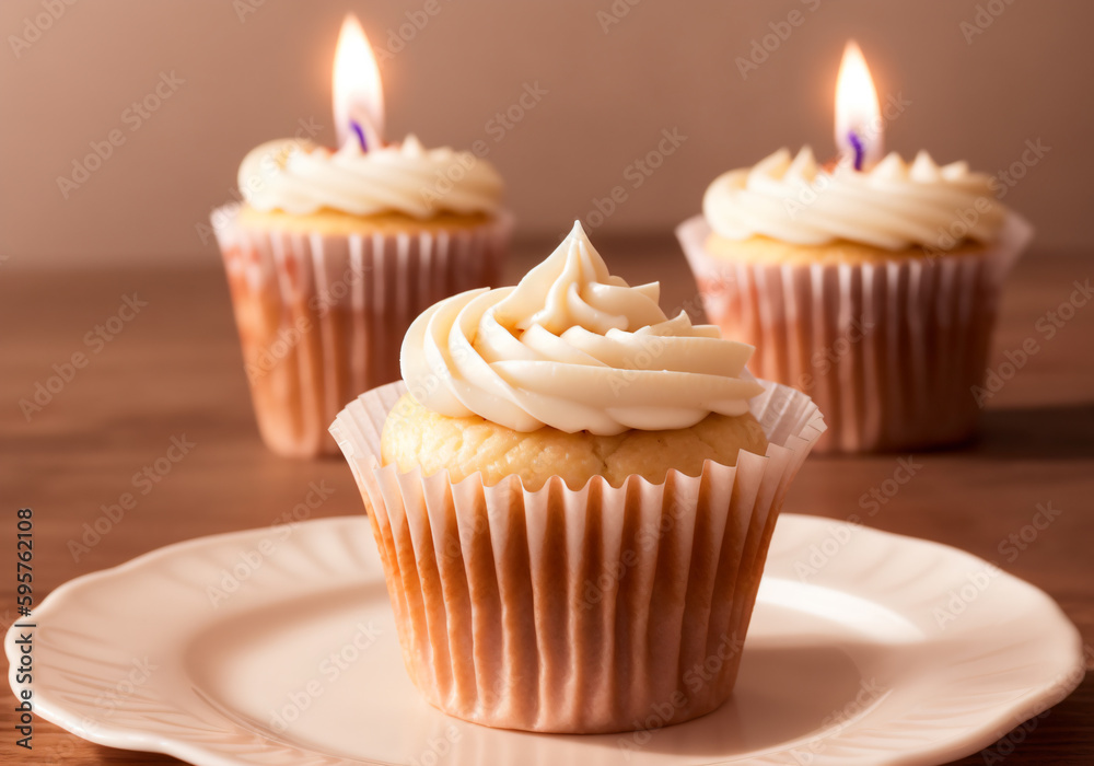 Three cupcakes with candles on them, Generative AI Three cupcakes with candles on them, Generative AI