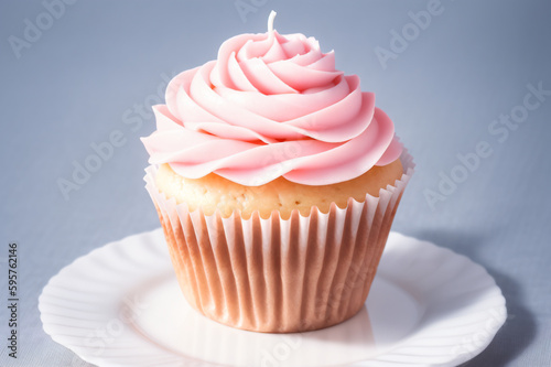 Pink cream cupcake on a plate, Generative AI
