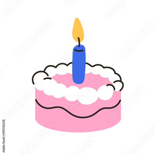 First 1st year birthday cake with one candle. Small sweet dessert for baby. Yummy holiday confectionery for childish kids anniversary party. Flat vector illustration isolated on white background