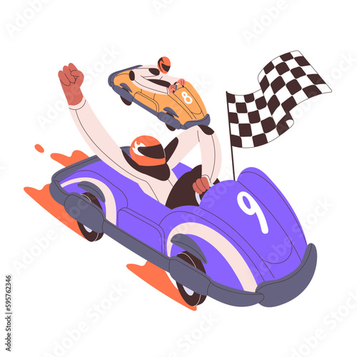 Racer winner at finish during kart racing competition. Winning driver in car, go-cart, gokart with flag at motor road tournament, extreme sport. Flat vector illustration isolated on white background