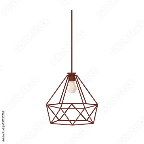 Suspended ceiling lamp. Electric pendant light design with metal wired shade. Hanging chandelier in contemporary style. Lampshade and lightbulb. Flat vector illustration isolated on white background