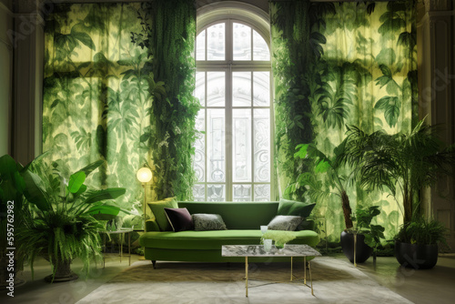 Mysterious room full of green plants  Generative AI