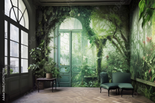 Mysterious room full of green plants, Generative AI