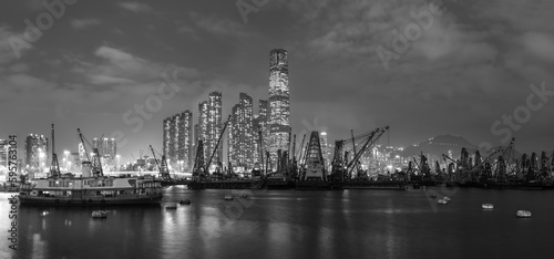 Night scenery of skyscraper  skyline and harbor of Hong Kong city