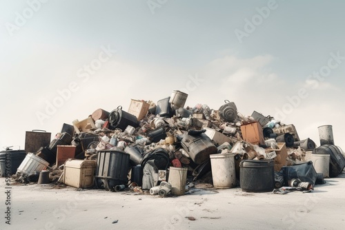 Trash containers scattered on landfill against a white backdrop. Generative AI