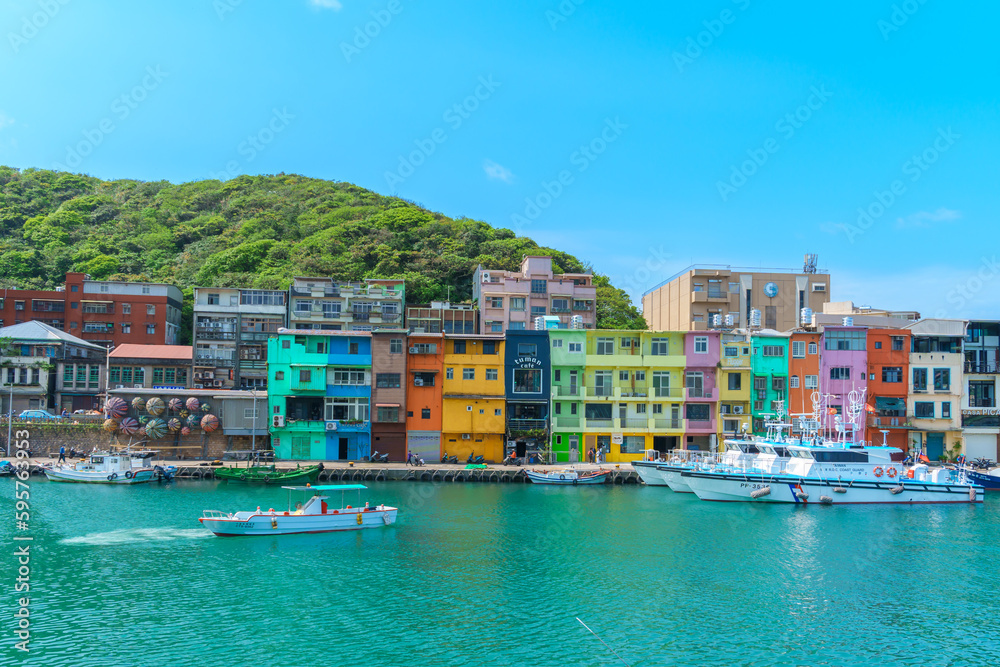 Landscape and Cityscape of Colorful Zhengbin Fishing Port visiting in Keelung. landmark and popular  for tourists attractions near Taipei city, Taiwan