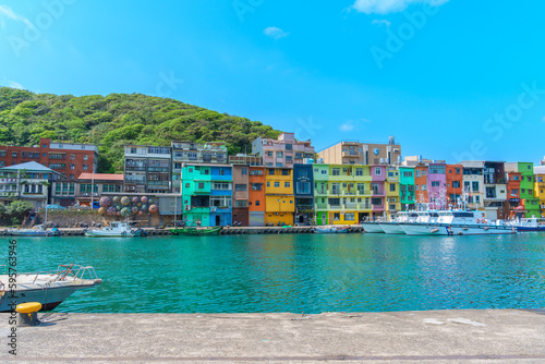 Landscape and Cityscape of Colorful Zhengbin Fishing Port visiting in Keelung. landmark and popular  for tourists attractions near Taipei city, Taiwan