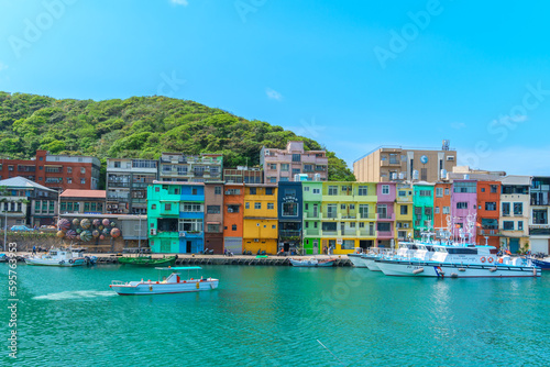 Landscape and Cityscape of Colorful Zhengbin Fishing Port visiting in Keelung. landmark and popular  for tourists attractions near Taipei city, Taiwan photo