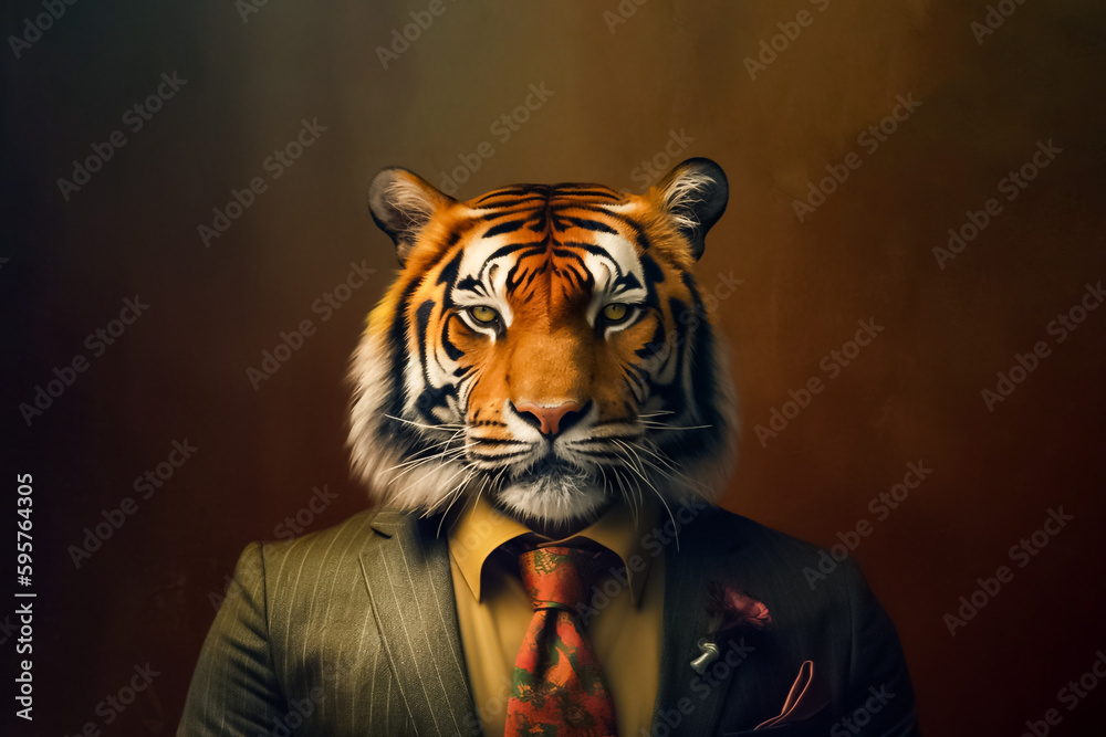 A male tiger in a business suit represents power and strength, showcasing your brand as a force to be reckoned with in the market. generative AI.