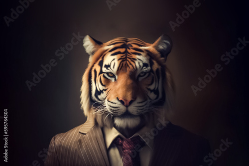 A male tiger in a business suit represents power and strength  showcasing your brand as a force to be reckoned with in the market. generative AI.