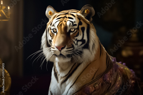 The female tiger in a dress is a true queen  commanding attention with her beauty and grace  making her the perfect choice for a luxurious and high-end brand. generative AI.