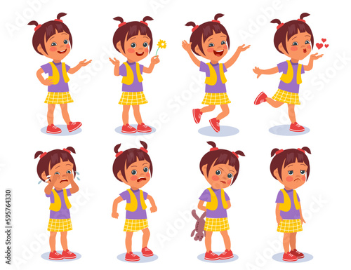 Cartoon girl expressions. Kid character in different poses. Positive and negative emotions. Cheerful or upset teenager. Cute child character. Laughing and crying teen. Splendid vector set