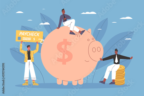 Cartoon people pending salary payments. Budget planning and funds accumulation. Big piggy bank and tiny employees. Money coins. Happy man worker with paycheck. Vector payday concept