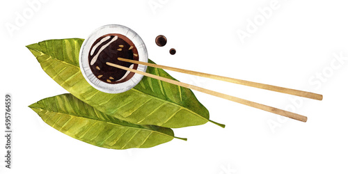 Soy sauce with sesame seeds and chopsticks. Watercolor illustration of Asian food for menu design, flyers. Isolated white background.