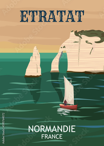 Travel poster Etretat France, vintage seascape rock cliff