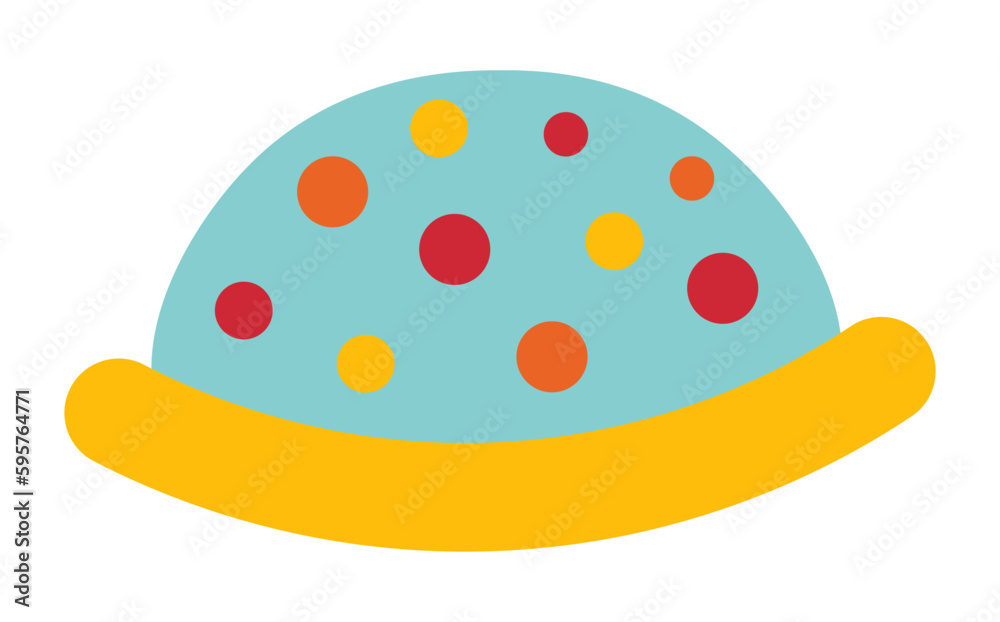 A cartoon of a circus clown hat with red and yellow polka dots. A cartoon of a circus clown hat with red and yellow polka dots.