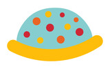 A cartoon of a circus clown hat with red and yellow polka dots. 