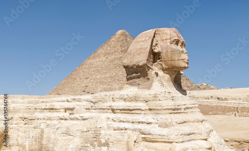 The Great Sphinx and the pyramid of Khafre  Chephren  in Giza plateau. Egypt.