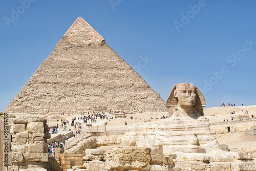 The Great Sphinx and the pyramid of Khafre (Chephren) in Giza plateau. Egypt.