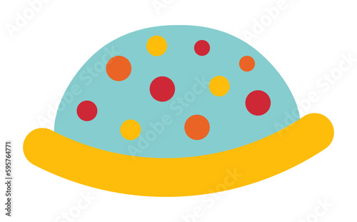 A cartoon of a circus clown hat with red and yellow polka dots. 