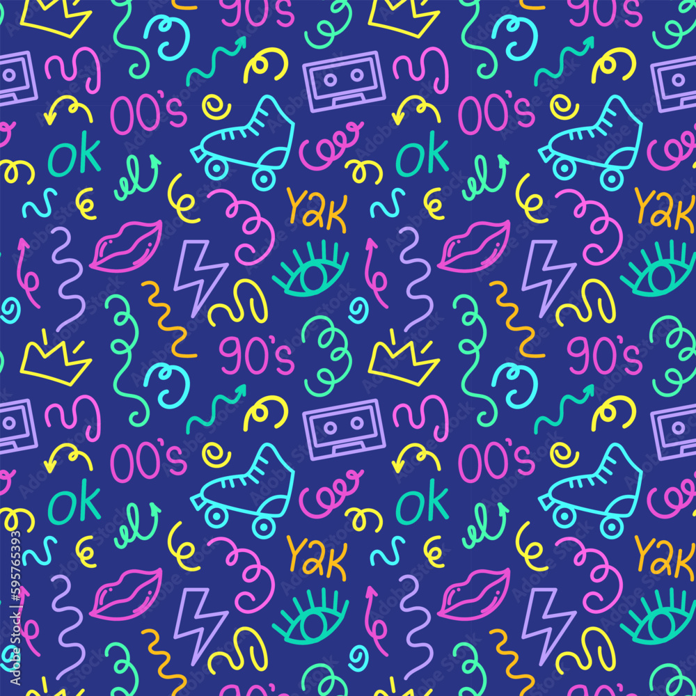 Trendy bright squiggles seamless pattern. Fun line doodle shapes of symbol 90s with curly confetti. Simple childish print. For textile, backdrop, packaging Trendy bright squiggles seamless pattern. Fun line doodle shapes of symbol 90s with curly confetti. Simple childish print. For textile, backdrop, packaging