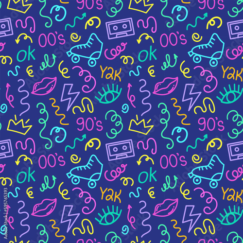 Trendy bright squiggles seamless pattern. Fun line doodle shapes of symbol 90s with curly confetti. Simple childish print. For textile, backdrop, packaging