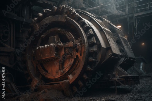 Heavy machinery including a mining reclaimer wheel bucket is used at a coal industry career. Generative AI